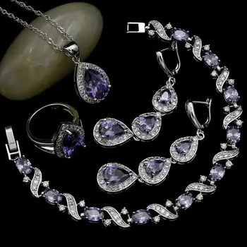 

925 Sterling Silver Jewelry Sets Purple And White Crystal Water Drop Long Earrings/Pendant/Necklace/Bracelet/Ring For women