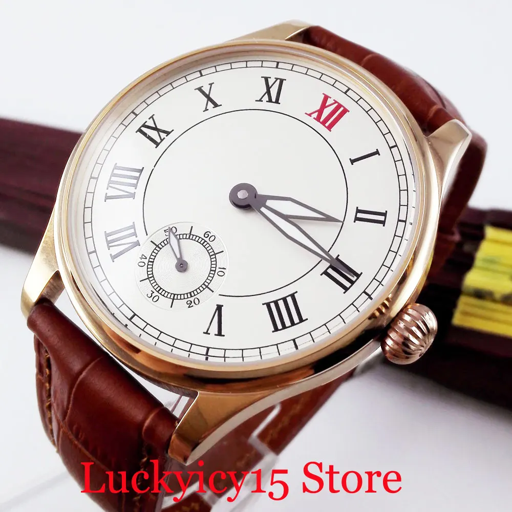 

Mechanical Hand Winding Men's Watch 6498 Movement Roman Numbers Classic Wristwatch 44mm Gold Case