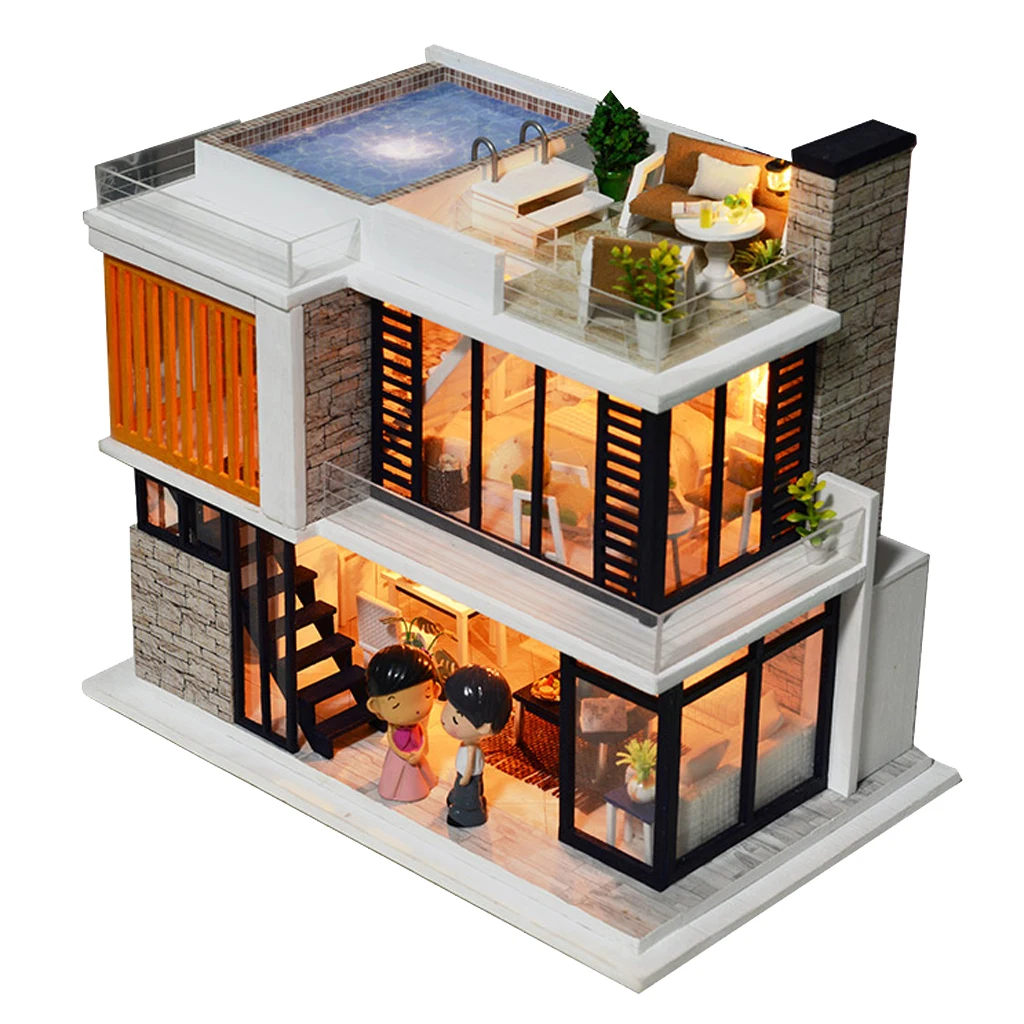 Handmade 3D DIY House Model Kit Miniature LED Light Wooden Dolls House Model Florence Town Christmas Birthday Gift