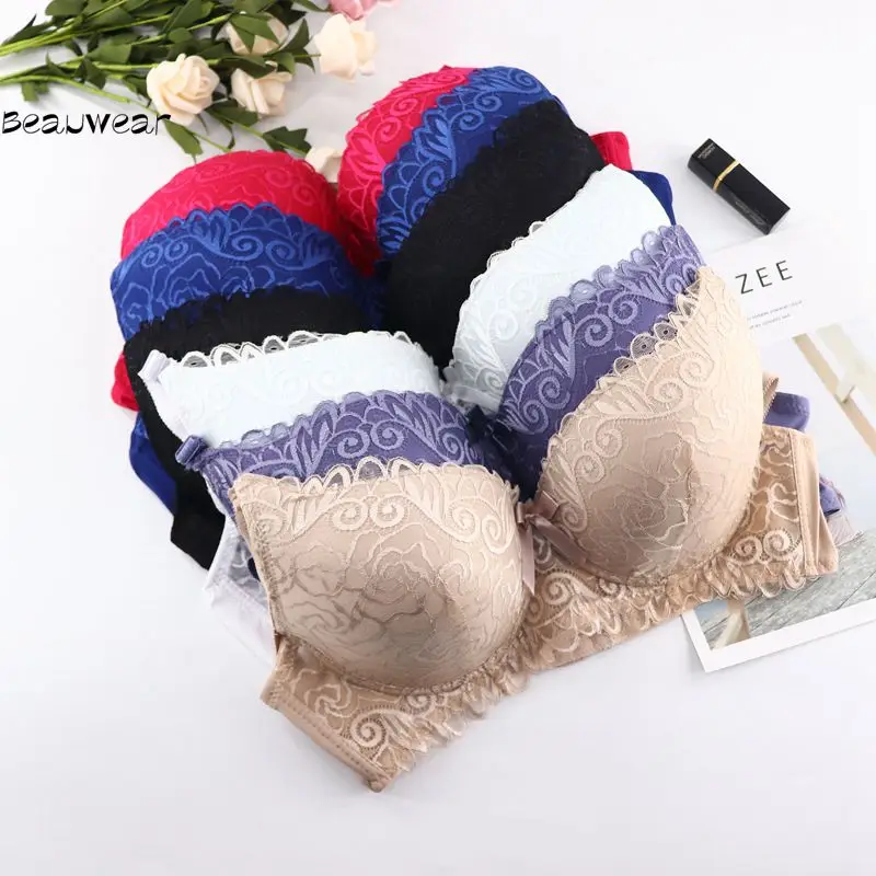 Beauwear французский стиль кружева девушка тонкая чашка C D женское белье Глубокий V сексуальный женский бюстгальтер размера плюс 42D 44D 46D 48D мягкие бюстгальтеры для женщин