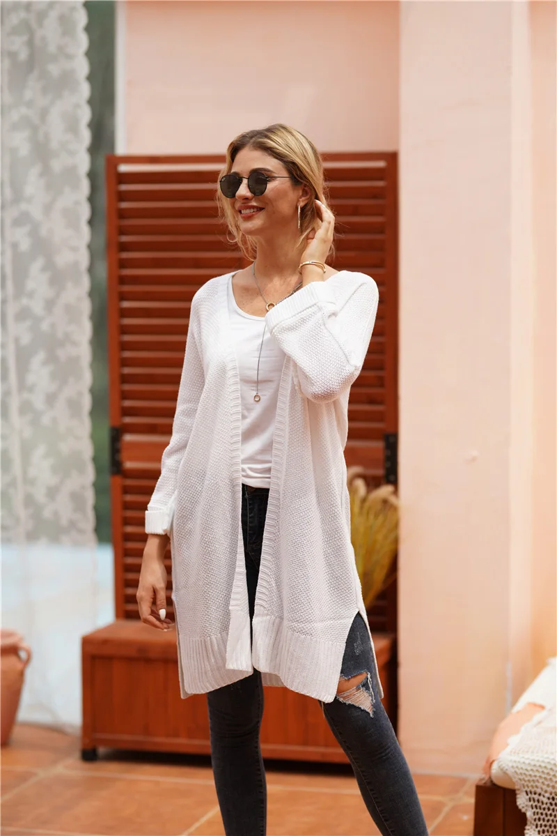 Fitshinling Boho длинный кардиган, зимнее пальто, Женский однотонный тонкий вязаный жакет с разрезом по бокам, женский корейский Кардиган, Свитер