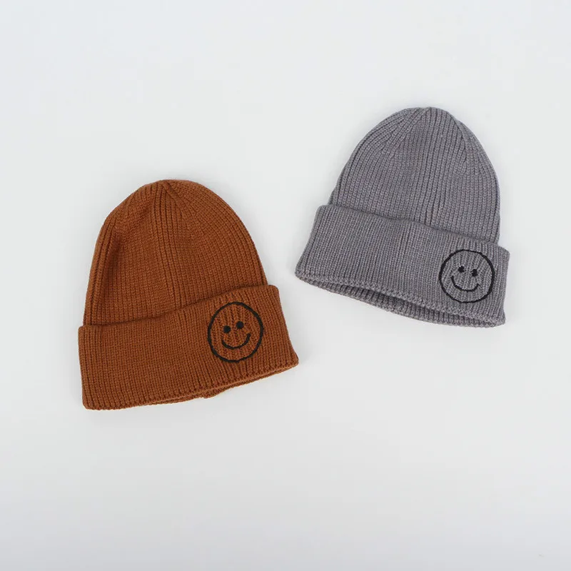 Children Candy Color Hat Winter Kids Knitted Hat Smile Face Solid Cap Ear Flap Beanie Crochet Baby Boys Clothes Girls Warm Hats