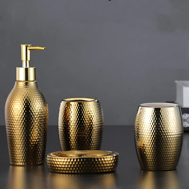 WSHYUFEI 4 pcs/ lot Nordic golden ceramic wash set Bathroom Accessories Soap Dispenser Toothbrush Holder Bathroom Supplies