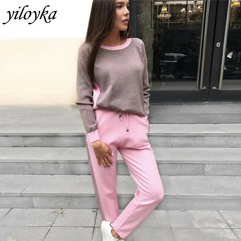 

High Quality Women O-Neck Sweater + Pants Two Piece Set Winter Casual 2 Piece Set Women Tracksuit Sweater Knitted Trousers