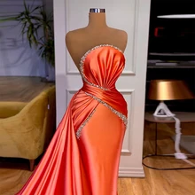 

Orange Luxury Elegant Prom Dresses Strapless Sleeveless Crystals Sparkly With Long Train Women Evening Pageant Gowns Custom Made