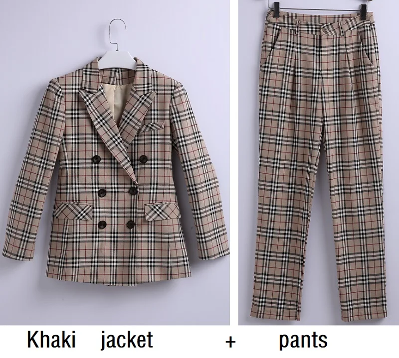 Khaki jacket pants Женские костюмы тонкая Осенняя клетчатая куртка и брюки комплект из 2 предметов OL формальные женские брючные костюмы женский комплект костюмы 8169 - Цвет: Khaki jacket pants