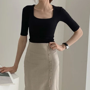 

New Women Body T Shirt 2020 Spring Summer Slim Half Sleeve Vintage Square Neck Basic Korean White Tees Shirts Tops