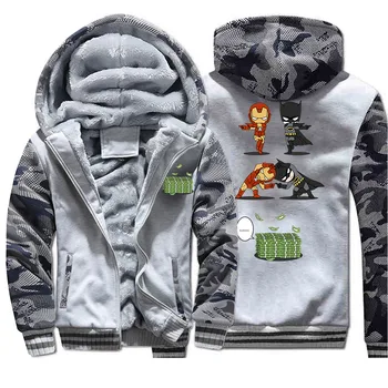 

Tony Stark VS Wealthy Bruce Wayne Cartoon Jacket Batman Crossover Iron Man Thick Hoodies Streetwear Winter Warm Camouflage Coat
