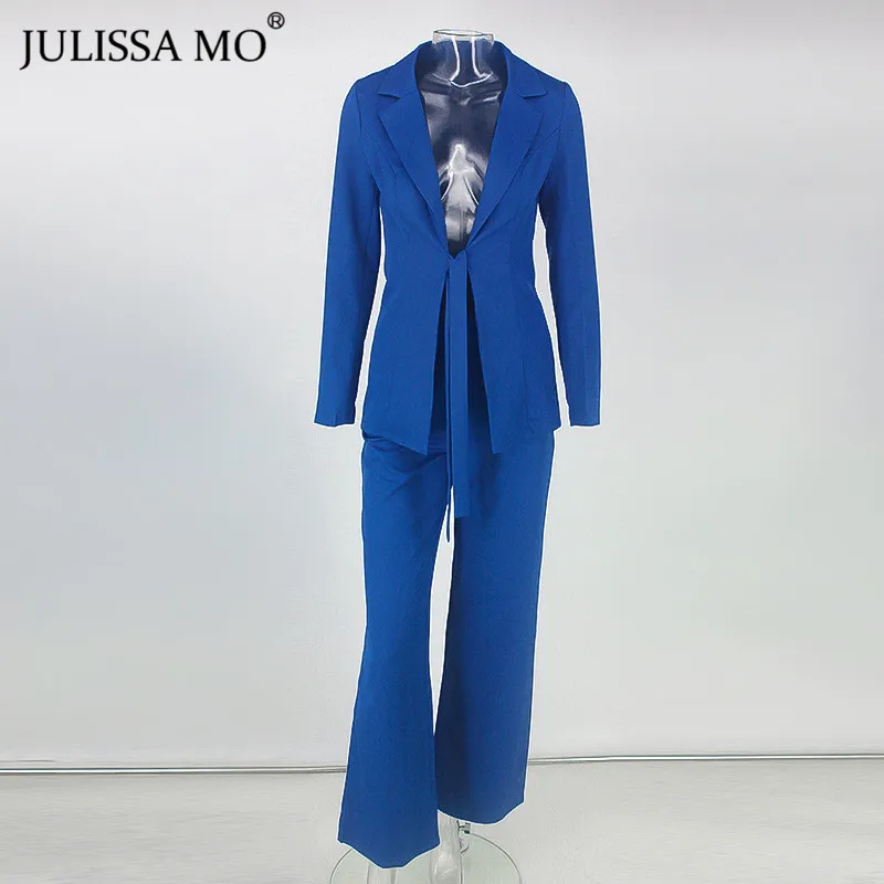 Королевский синий Julissa mo розовый Офис Леди Блейзер Костюмы для женщин осень зима из двух частей куртка длинные брюки комплект мода на шнуровке бизнес наряды - Цвет: Королевский синий