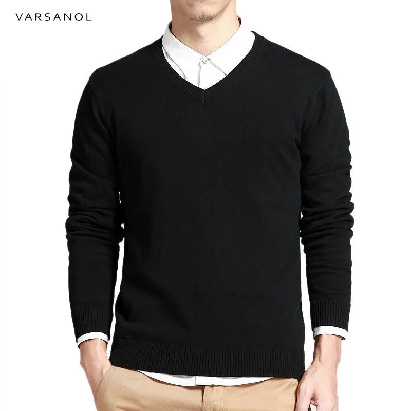 Хлопковый свитер с v-образным вырезом, мужские пуловеры с длинным рукавом, верхняя одежда, мужские свитера, пуловеры, топы, свободная Однотонная вязанная одежда, 8 видов цветов 3XL - Цвет: black