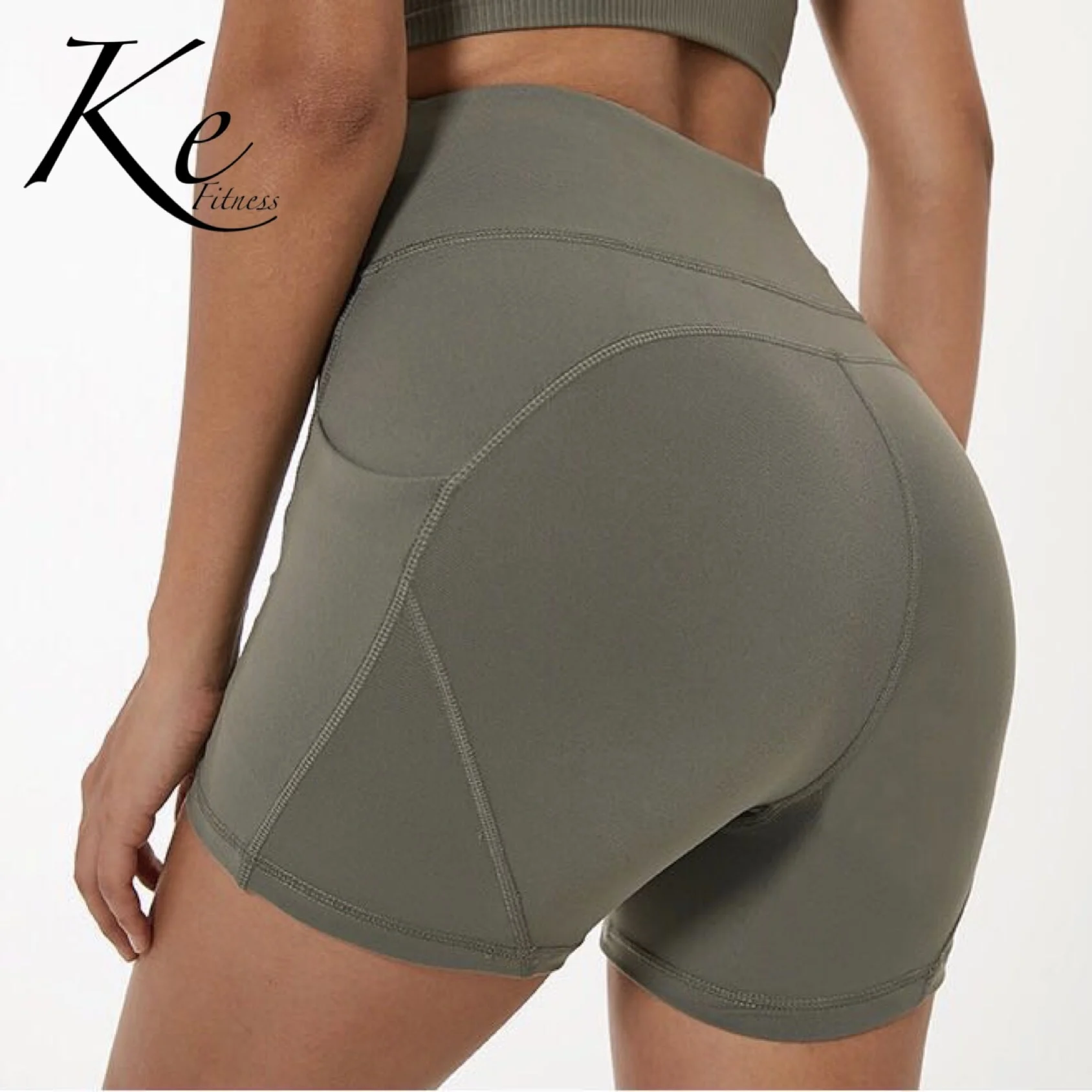 KE army green black боковые шорты с карманами и высокой посадкой для фитнеса три женщины высокая эластичность, для йоги плотные шорты