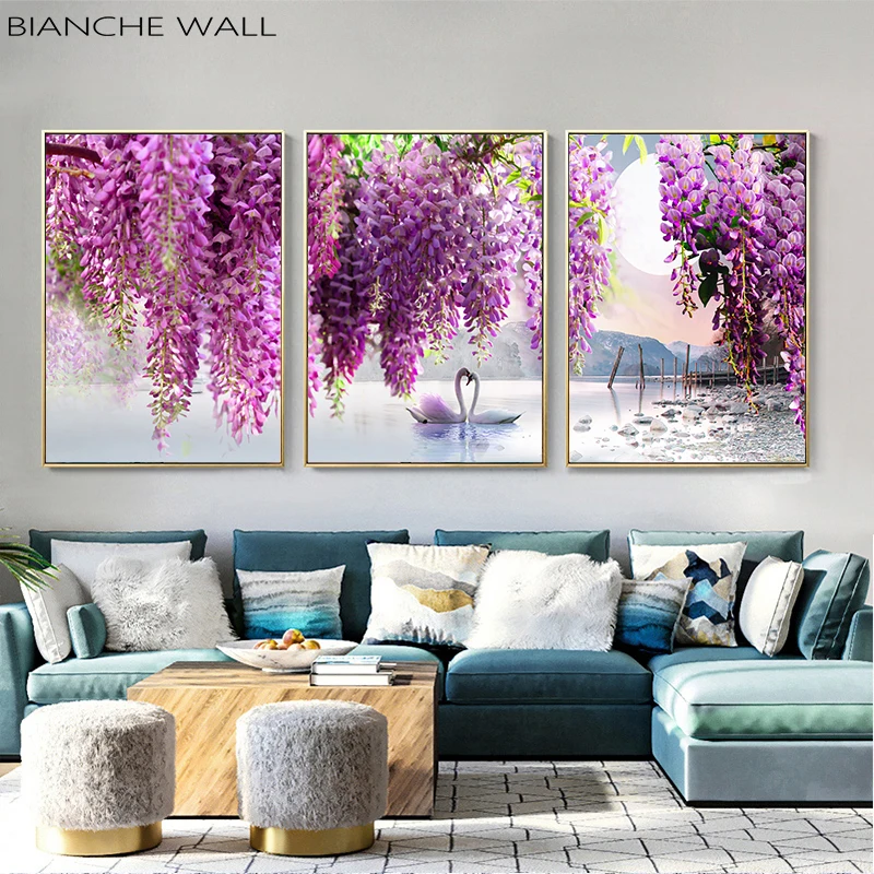

Purple Flower Tree Swan Lake Landscape Picture Scandinavian Scenery Nature Canvas Wall Art Print Painting Nordic Decoation