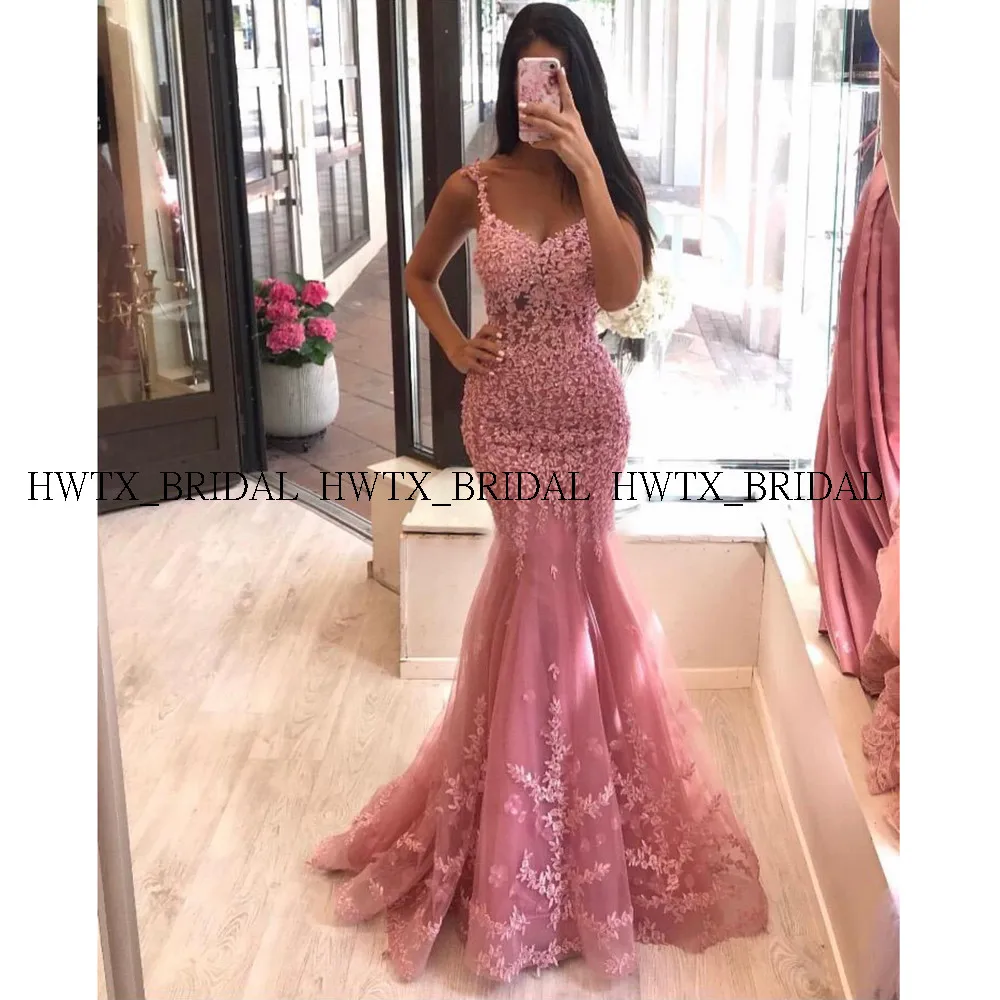 picture color Розовое кружевное вечернее платье с аппликацией, Vestidos de fiesta de noche, длинное Тюлевое вечернее платье на бретельках - Цвет: picture color