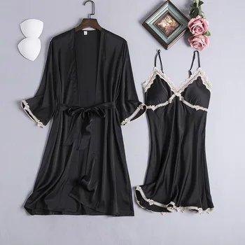 

Women Winter Autumn Robe Gown Sets Sexy Nightwear 2Pcs Silk Bath Gown Thin Dress Gown Solid Color Sleepwear Female Home Clothing