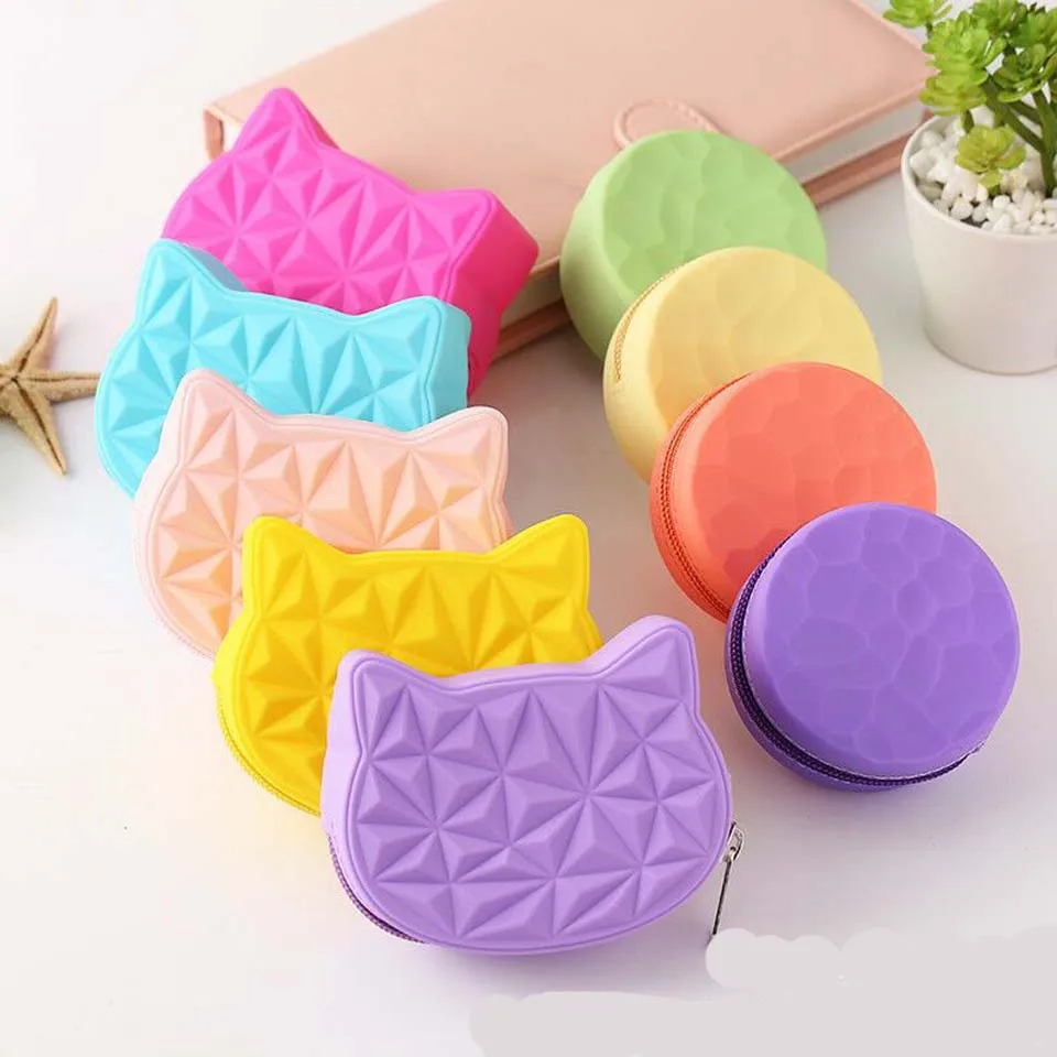 

2019 New Cute Cat Round Women Silicone Short Wallet Girls Mini Coin Purse Key Wallet for Female Daily Clutch Purse Headset Bags