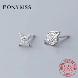 PONYKISS 100% стерлингового серебра 925 Асимметричная планета, звезды циркон серьги гвоздики для вечерние Изящные Простые аксессуары прекрасный