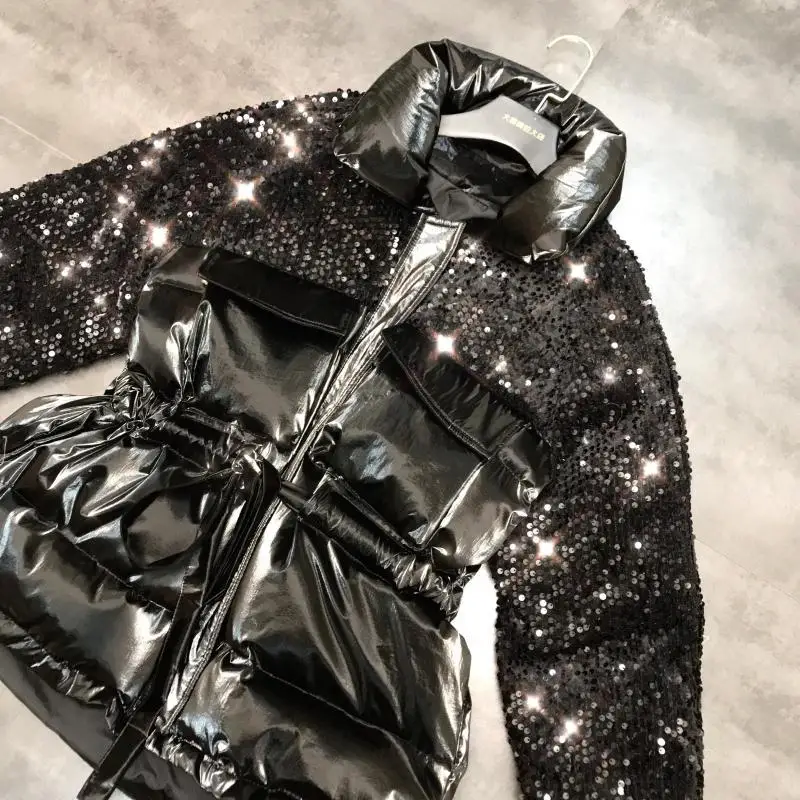 Зимняя женская парка, Космический светильник, лапша, немой светильник, проволочный рисунок, блестка, разъемное соединение, шнурок на талии, одежда с хлопковой подкладкой