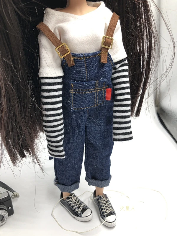 2 шт./компл., модный Джинсовый комплект Blyth Dolls, футболка в полоску+ джинсовый комбинезон для blyth, Azones, OB24 1/6, аксессуары для кукол