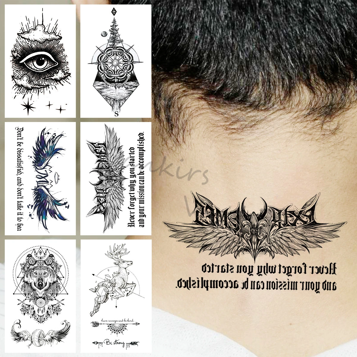 Tatouage Aile D ange Cou Homme Faux tatouage temporaire ailes d'ange noir pour femmes et hommes,  autocollant réaliste œil de loup, pour bras et cou | AliExpress