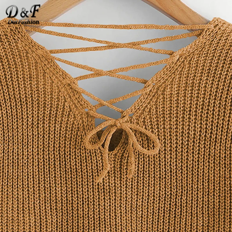 Dotfashion Повседневное V образным вырезом свитера с карманами в Для женщин-осенние брюки цвета хаки с длинным рукавом свитера женские сзади крест-накрест Топ