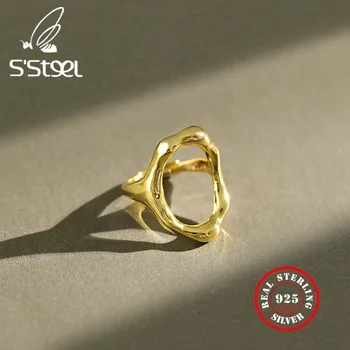 

S'STEEL Irregular Hollow 925 Silver Rings For Women Resizable Handmade Gold Ring Anillos Plata 925 Para Mujer Minimalist Jewelry
