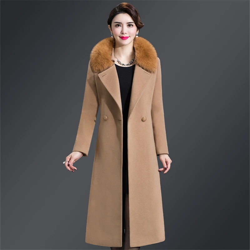 ##BUY M 5XL Long Wool Blends Jacket Women Autumn Winter 2019 Fashion Fox Fur Collar Thicken Woolen Jacket Coat Black Overcoat Female