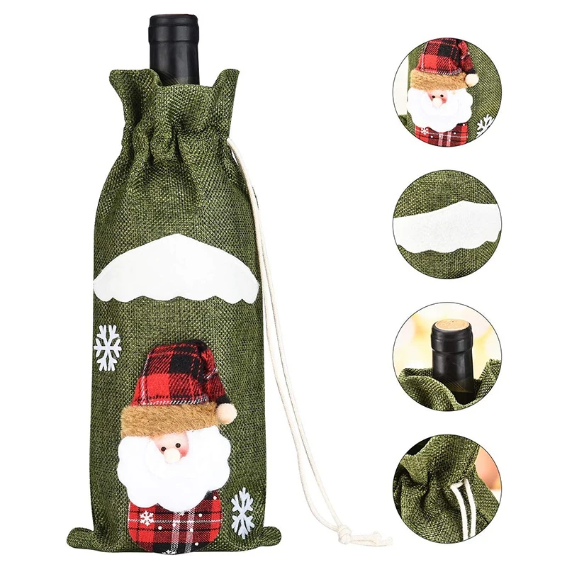 3Pcs Christmas Wine Bottle Cover, Powder Bag Santa Claus Snowman Tableware for Christmas New Year Decoration