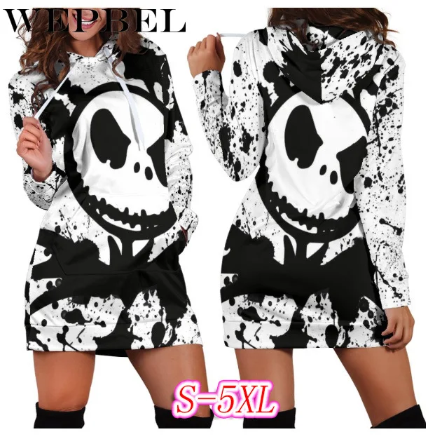 

WEPBEL Women Long Hoodies Tops Skull Cartoon Print O Neck Hooded Full Sleeve Autumn Winter Halloween Pullovers Hoodie S-5XL