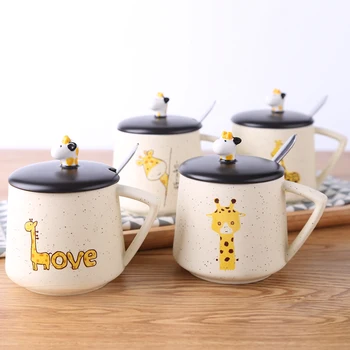

Cute Animal Coffee Mug for Couple Creative with Lid Ceramics Coffee Cup Reusable Cartoon Travel Kubek Do Kawy Home Garden XX60CM