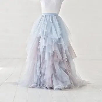 

2020 Chic Asymmetry Ruffles Tulle Skirts For Women Ruched Tiered High Low Floor Length Tulle Skirt Female Elastic Tutu Saias
