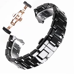 Ceramic Watch Strap Band Bracelet with Butterfly Clasp - Black/White, 18mm/22mm - 18mm (Black rose gold)