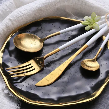 

Stainless Steel Golden Cutlery Set Steak Knife Fork Coffee Spoon Teaspoon Dinner Knife Dinnerware Tableware Dinner Set Service