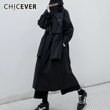 

CHICEVER Black Windbreaker For Women Turtleneck Long Sleeve Patchwork Lace Up Oversized Vintage Windbreakers Female 2020 Clothes