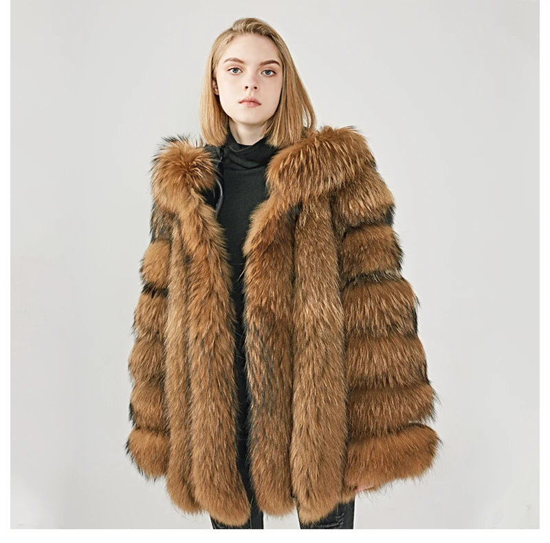 Элегантное пальто из меха енота для женщин, зимнее повседневное теплое роскошное пальто из натурального меха, модная пушистая Женская куртка с капюшоном, пальто