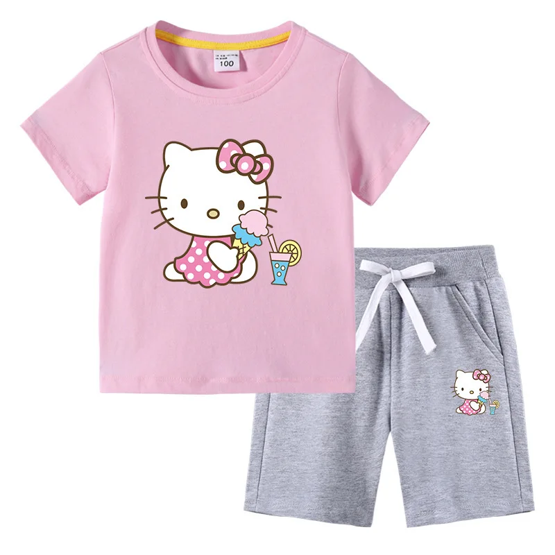 thumbnail image 1 of Hello Kitty verano niños pequeños de algodón de manga corta camiseta traje niños pantalones cortos de manga corta conjunto de dos piezas ropa para niños, 1 of 5