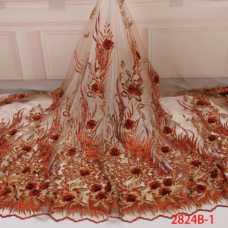 

Latest 3D Flowers Lace Fabrics for Bridal Lace Materials Nigerian Tulle Mesh Lace Fabric with Beads/Stones French Lace APW2824B