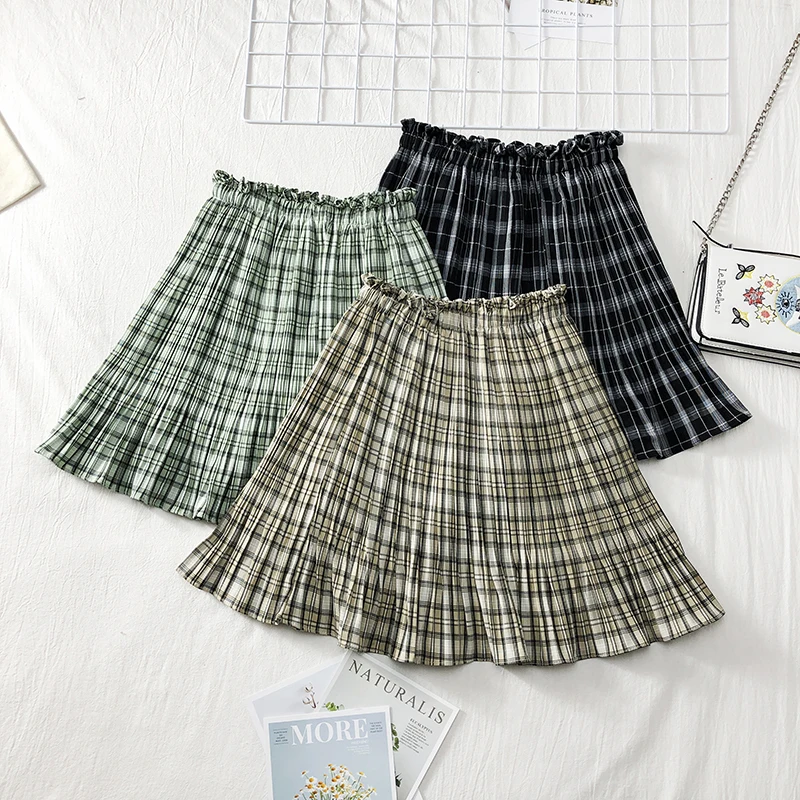 Весенняя и летняя юбка трапециевидной формы с эластичной талией, клетчатая Женская мини-юбка