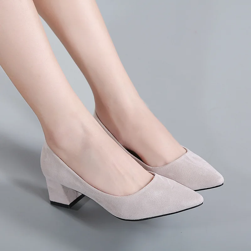 

2019 Spring New Style Chunky-Heel Shoes Simple Commuting WOMEN'S Shoes Pointed-Toe Semi-high Heeled Suede Comfortable Work Shoes
