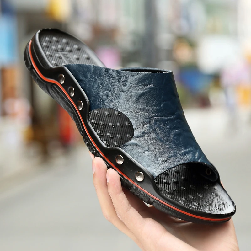 Summer Men's Slippers Genuine Leather Men's Slides Slippers Sandals Designer Luxury Leather Men's Flip Flops Outdoor Sandals Hot
