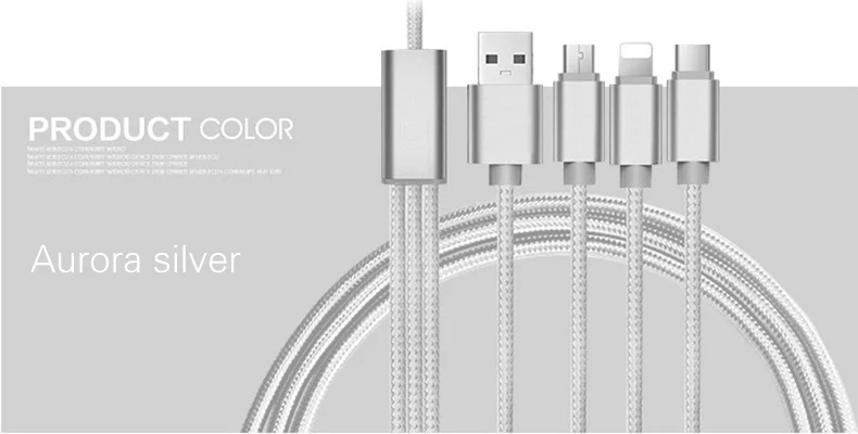 Нейлоновый 3 в 1 USB кабель Micro type C 8 Pin кабель для зарядки мобильного телефона Qc 3,0 зарядное устройство для быстрой зарядки в автомобиле для iPhone Xiaomi samsung - Цвет: Silver