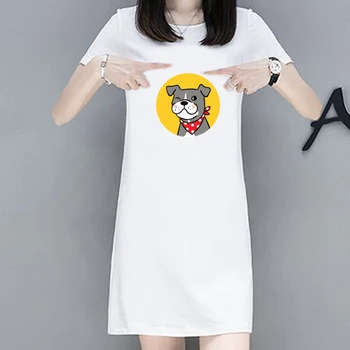

Cartoon Dog Print Dresses Vintage Loose Clothes Party Casual Woman White Short Dress Spring Autumn Dress Women Plus Size