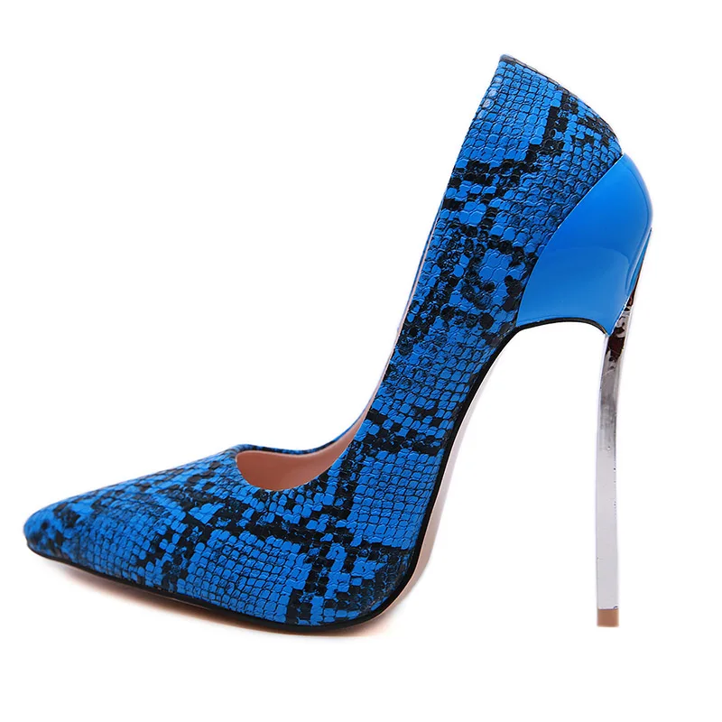 Fashion Women Pumps High Heels 13CM Snake Printed PU Leather Women Shoes Pumps Stiletto Pointed Toe Slip On Nightclub Party Shoe - Цвет: Blue