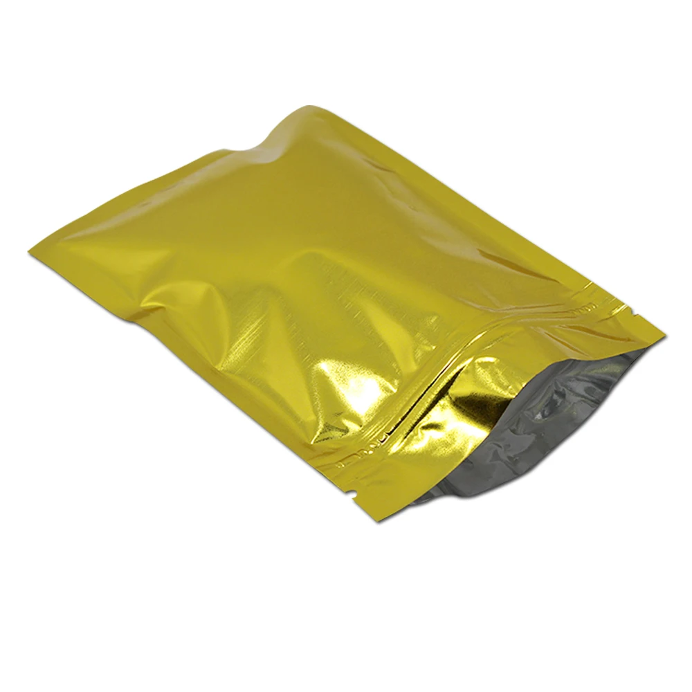 

100Pcs Gold Mylar Foil Zip Lock Bag Self Grip Seal Tear Notch Flat Packaging Pouches for Food Snack Ground Coffee Bean Candy