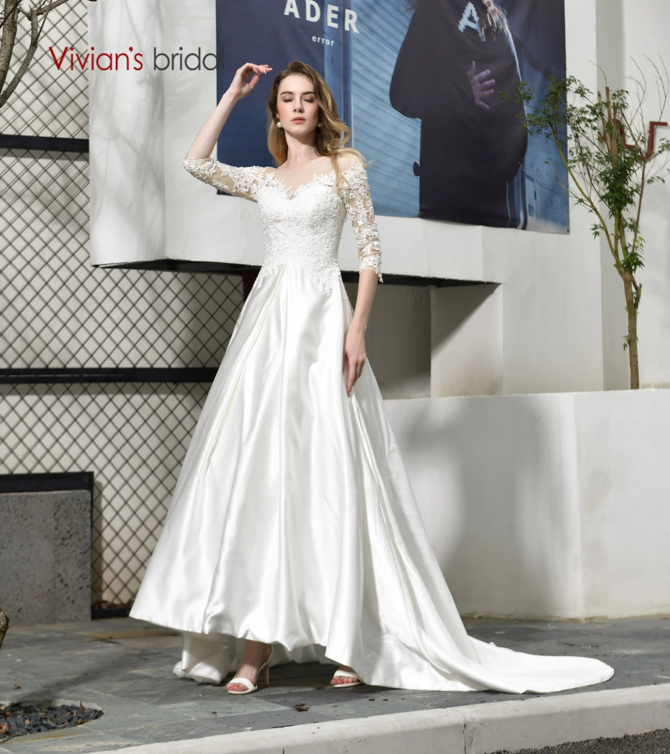 

vivian's bridal 2020 new simple recetive satin wedding dress sexy illusion scalloped neck half sleeve lace-up bridal dress