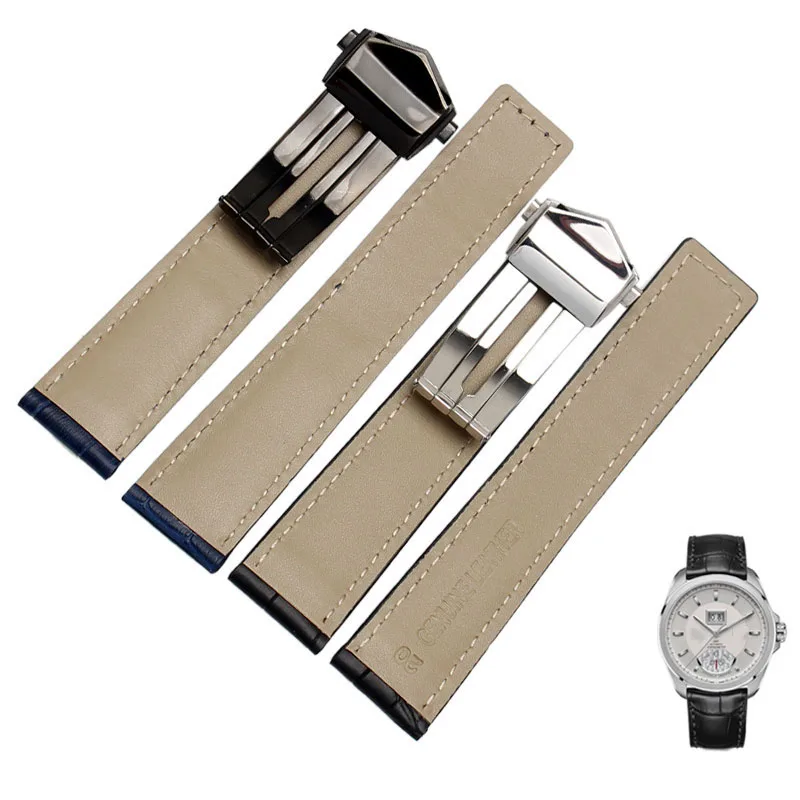 For TAG heuer Genuine Leather watchband blue Black  with red stitches bracelet 19 20 22mm for men Wrist band with folding clasp