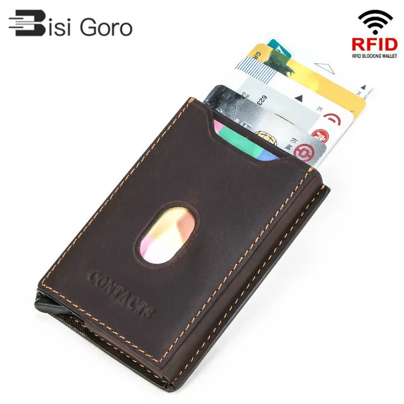 

BISI GORO Men and Women Credit Card Holder Vintage Genuine Leather Card Wallet RFID Blocking Auto Pop-up Aluminum Card Case