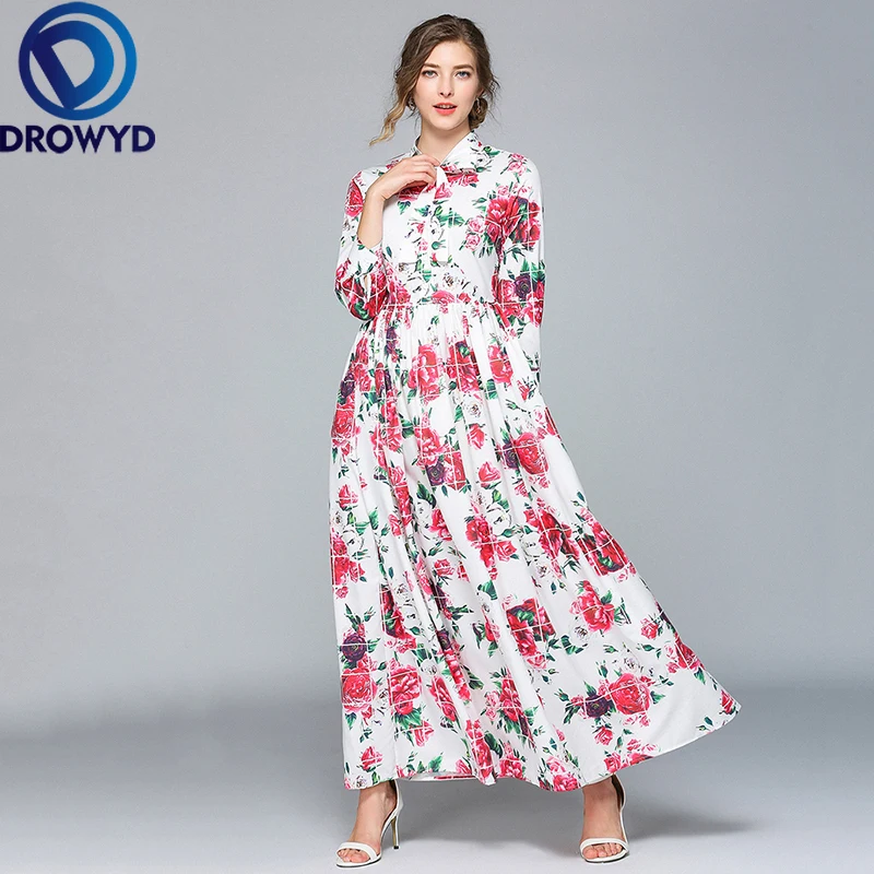 Autumn Rose Print Maxi Dress for Women New Casual Red Bow Long Sleeve Fashion Elegant Club Evening Party Dresses Vestidos | Женская