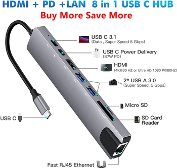 USB C Hub 8 In 1 Type C 3.1 To 4K HDMI Adapter with RJ45 SD/TF Card Reader PD Fast Charge for MacBook Notebook Laptop Computer 1