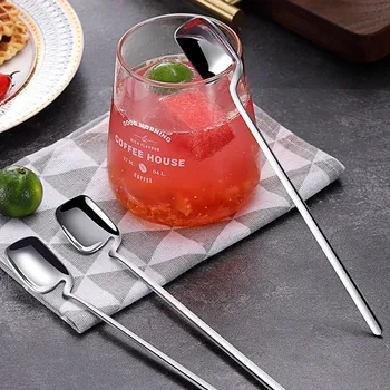

304 stainless steel spoon square head ice spoon hanging wall Mug creative long handle juice coffee spoon new mixing spoon mini