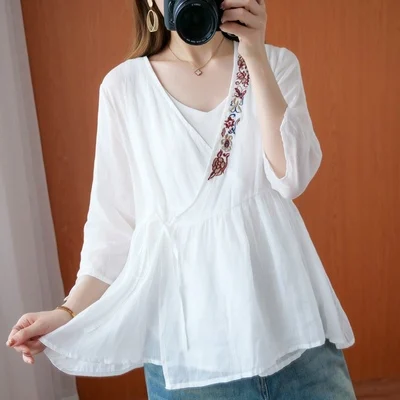 Summer New Embroidered Loose Retro Cotton Shirt With Irregular Sunscreen V-neck Embroidery Oversized Blouses Tops White Purple |